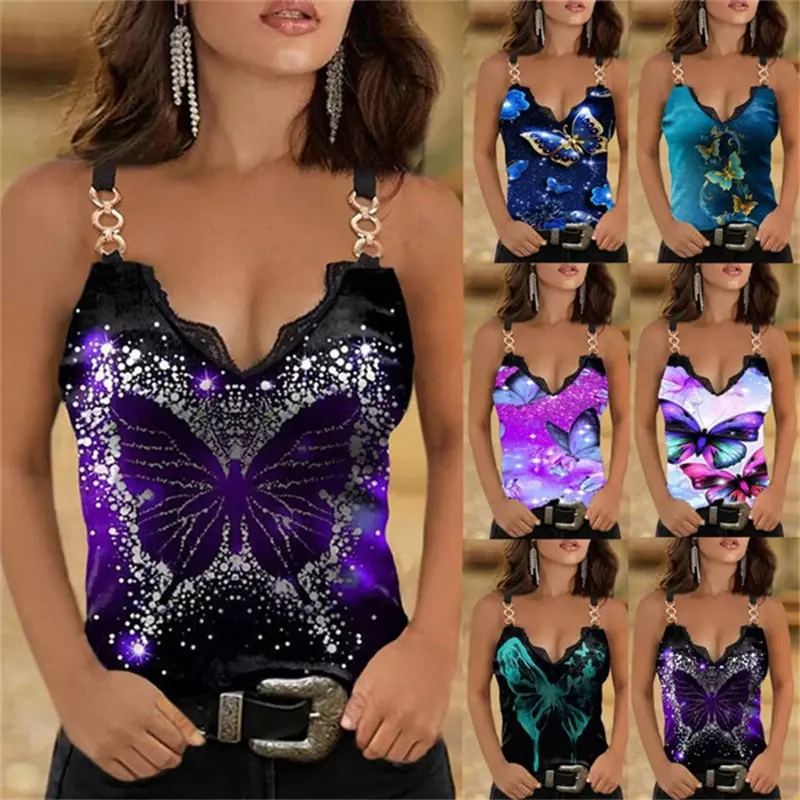 2023 New Summer T-Shirt Women Casual Fashion Slim Fit Strap Sexy Lace Sleeveless V-Neck Butterfly Print Casual Tank Top
