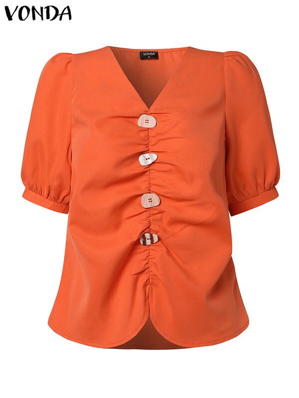 Блузка VONDA женская с коротким рукавом-фонариком, пикантный однотонный топ с V-образным вырезом, Повседневная модная рубашка свободного покроя на пуговицах, лето 2024