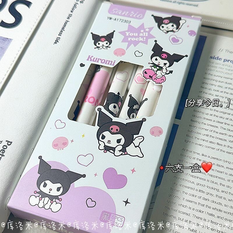 Sanurgente-Stylo à bille gel Hello Kitty Kuromi Kawali, séchage rapide, 0.5mm, étudiant, jouets mignons, cadeau d'anniversaire pour les filles, papeterie, 6 pièces
