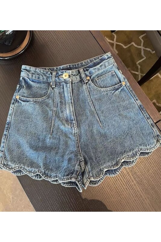 Shorts jeans de borda ondulada bonito feminino, cintura alta, calças curtas finas, verão