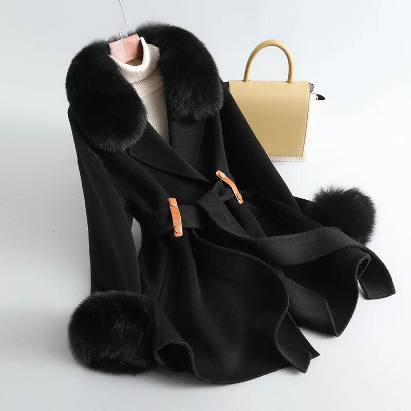 PUDI-abrigo de cuello de piel de zorro para mujer, Chaqueta larga cálida de lana auténtica, CT2113, Invierno