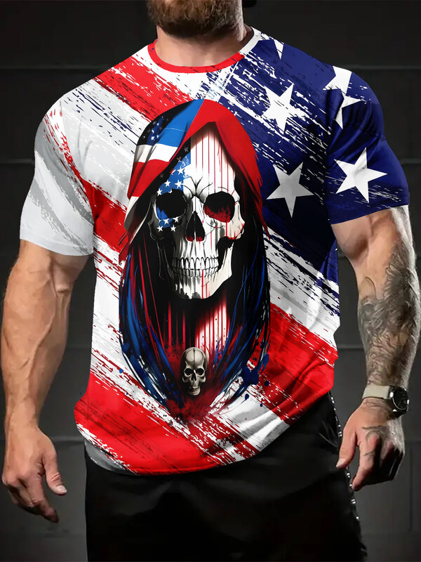 Camiseta de manga curta com gola redonda, padrão 3D Horror Skull, top americano retrô, roupa elegante e bonita, camiseta casual de verão, nova