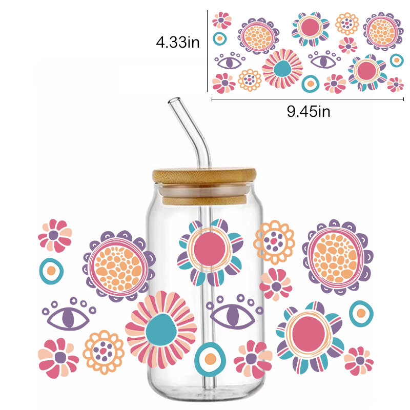 16oz UV cangkir DTF transfer bungkus warna-warni bunga indah cluster Decals tahan air Libbey dapat stiker