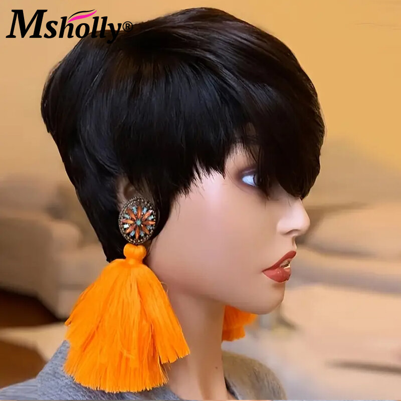 Czarna peruka z krótkimi fryzura Pixie ludzkimi włosami bezklejowa, krótka prosta, pełna maszyna wykonana peruka z grzywką peruki z falą wodną dla kobiet