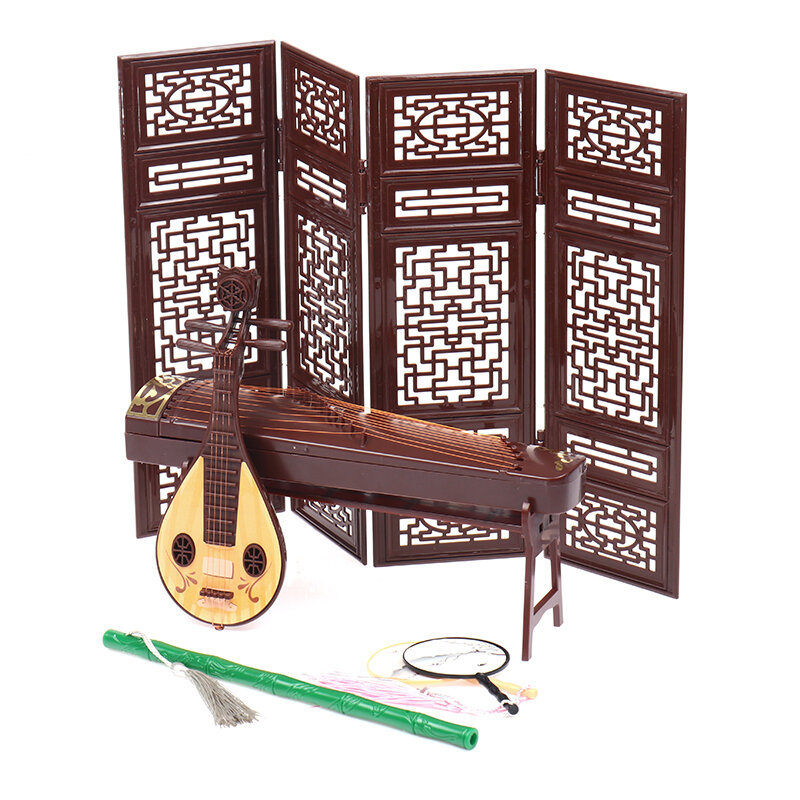 Estilo chinês Antique Boneca Acessórios, Miniatura Guzheng Tela Fan, Modelo Pipa, Xiao Guitarra, Ukulele, Zudi Instrumento