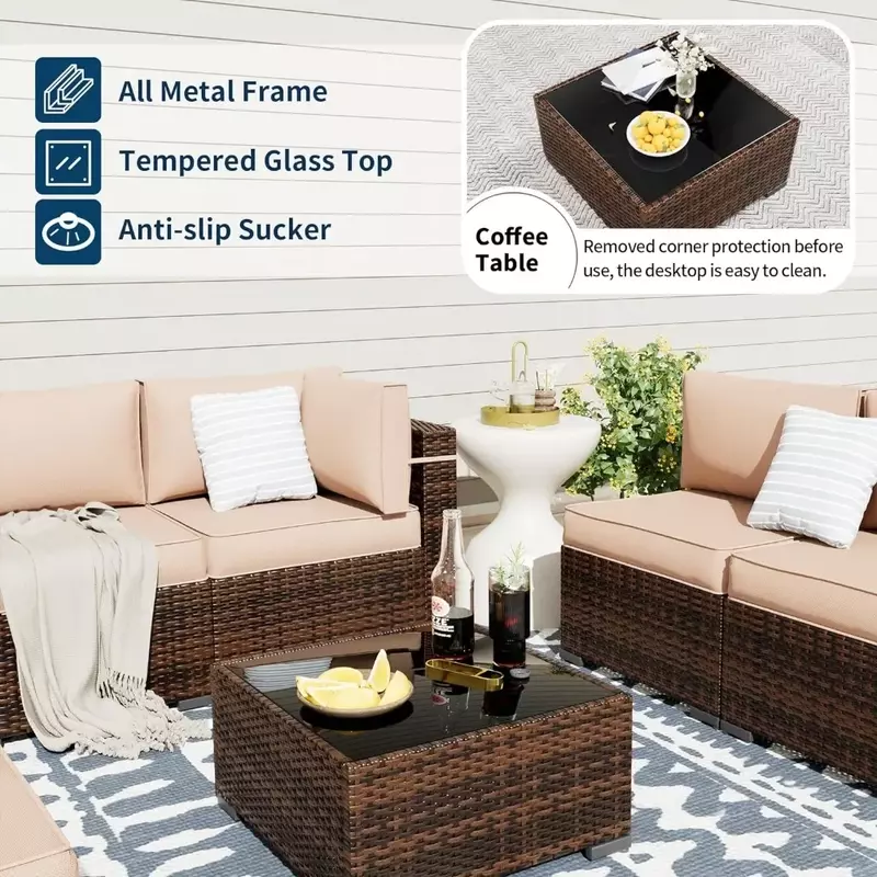 Patio Furniture Sets, Modular Rattan Outdoor Patio Sectional Furniture Sofa Set, Wicker w/Coffee Table, 7PC (Include Sofa Cover)