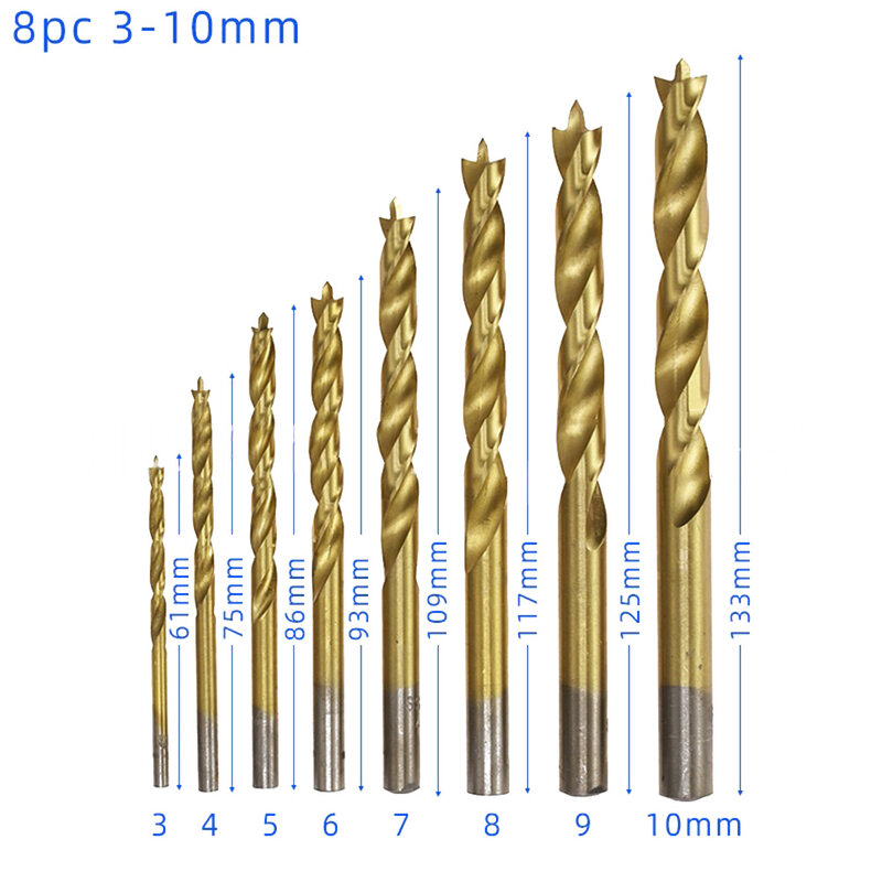 Conjunto de brocas espirais, ponta de 3 pontas, brocas de madeira, madeira, perfuração de metal, ferramenta elétrica, 3-10mm, 3-10mm, 8 peças