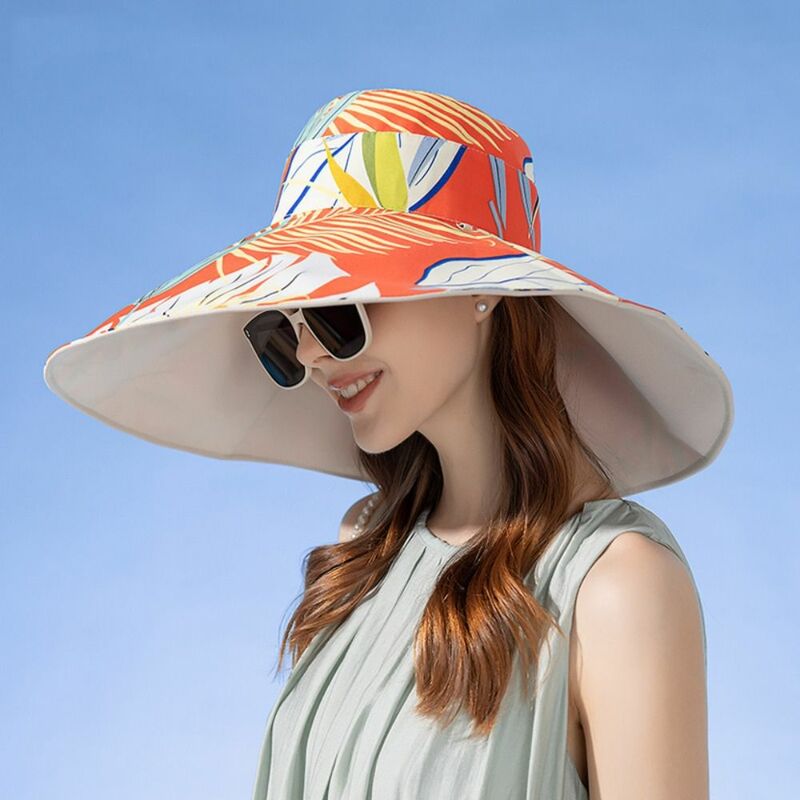 Chapéu de pescador dupla face para mulheres, aba grande, chapéu de sol respirável, impressão vegetal, moda superior de algodão