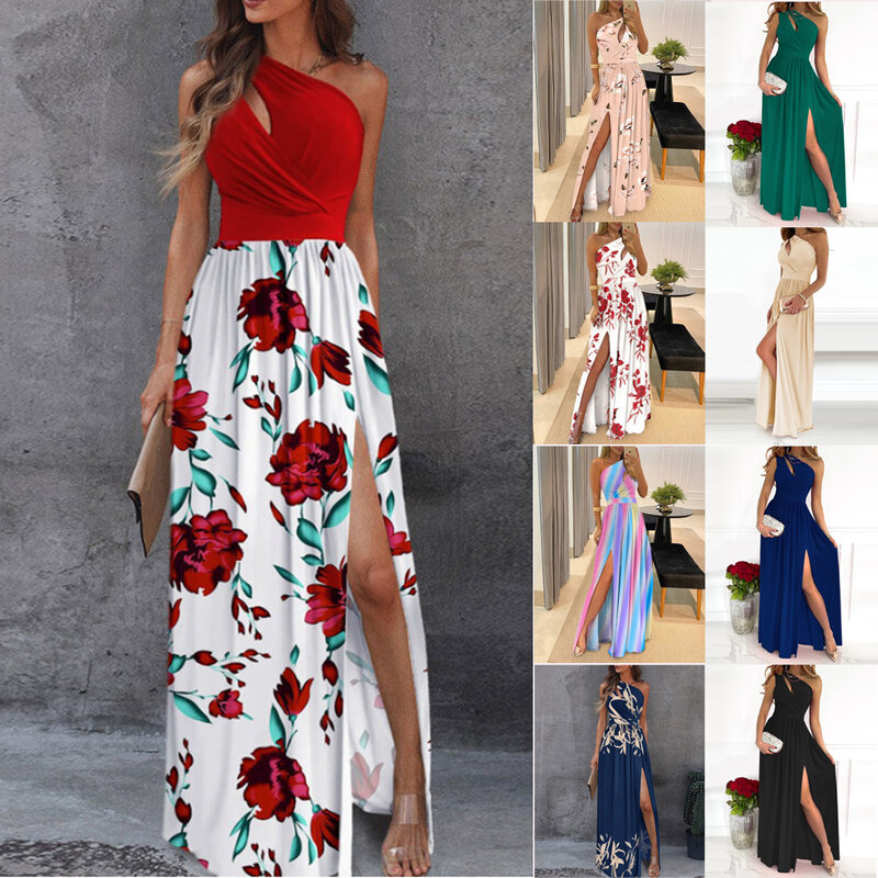 2024 Summer New Oblique Shoulder Long Dress Temperament Sleeveless Sexy High Waist Slit Dress Personality Women's Clothing