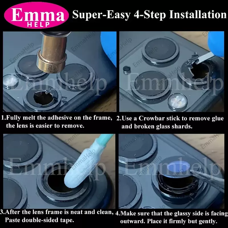 EmmaHelp 10 ustawia tylny obiektyw aparatu do iPhone'a 11 12 13 14 15 Pro Max 13Mini szklana osłona z naklejką 3M samoprzylepne części naprawcze