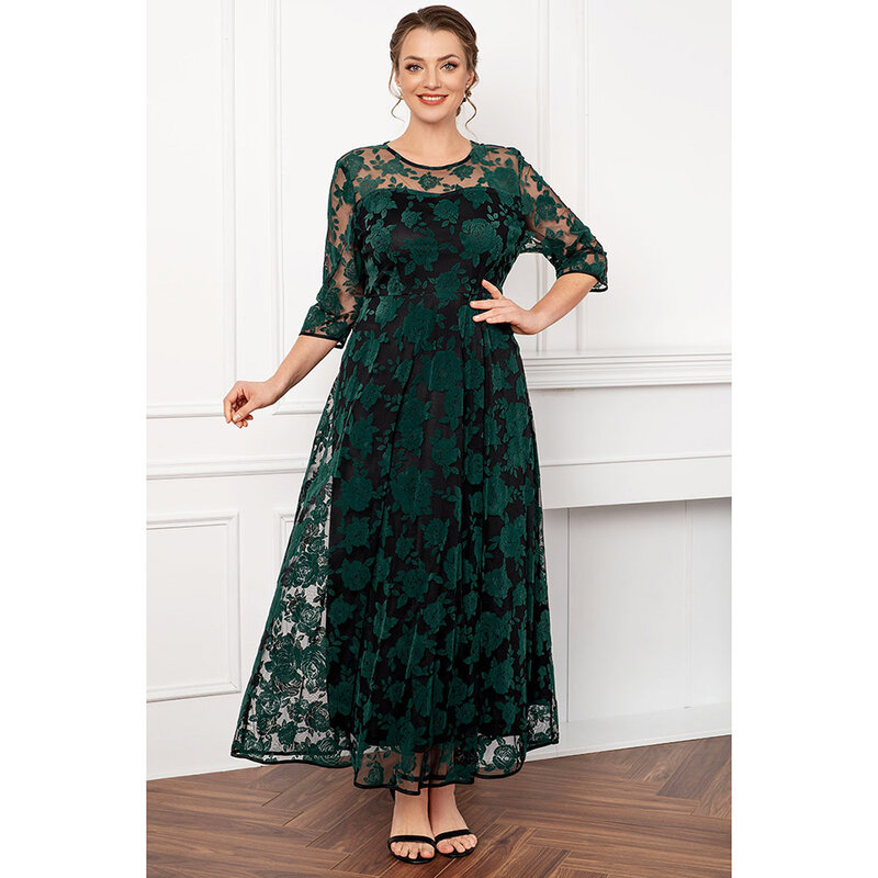 فستان تونيك شبكي يتدفقون لأم العروس ، مقاس كبير ، وردة خضراء ، طبقة مزدوجة ، طويل