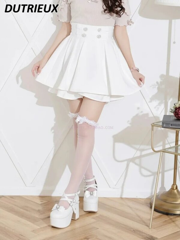 Rok pendek pinggang tinggi manis musim panas rok A-line Mini kulot dalam kerut dua baris gaya Jepang wanita
