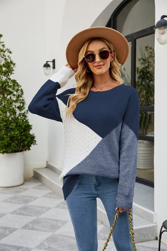 Autumn and Winter Personality Round Neck Color Matching Women's Sweater Loose Large Size Pullover Woman