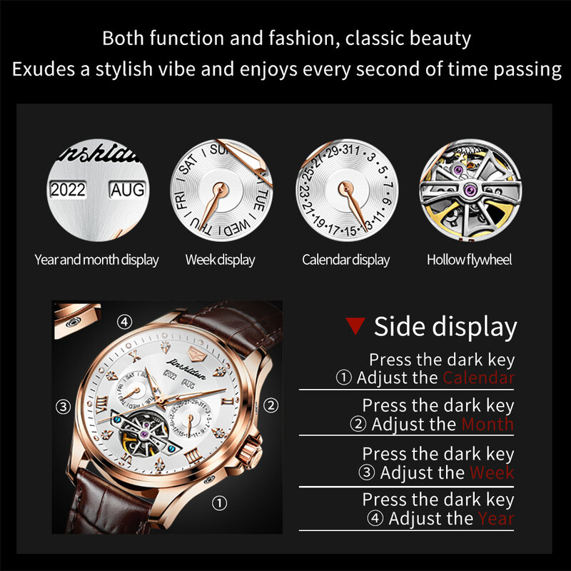 Jsdun-高級自動機械式時計,メンズクロノグラフ,レザーストラップ,耐水性,発光,8926