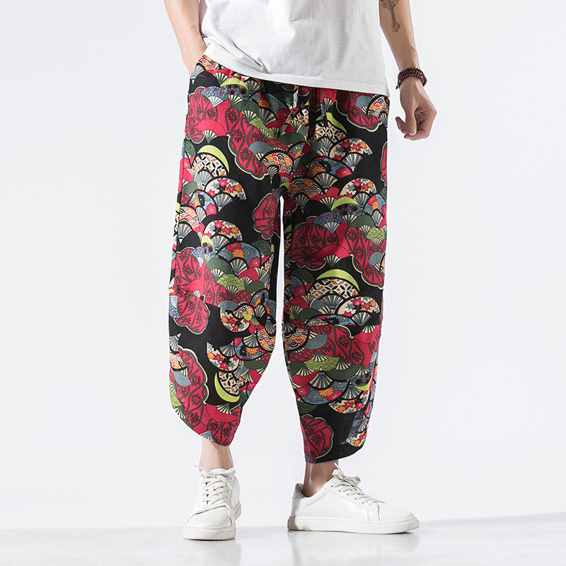 Men Cross Jogger Pants Men Wide Leg Harem Pants Summer Harajuku Style Casual Sweatpants Male New Calf-Length Pants Streetwear