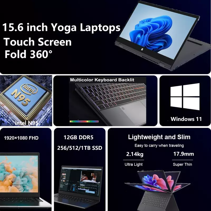 2023インチWindows11ラップトップ,2 in 1ゲーミングノートブック,15.6バージョン,Intel n95,12GB,ddr5,テラバイト,韓国語キーボード
