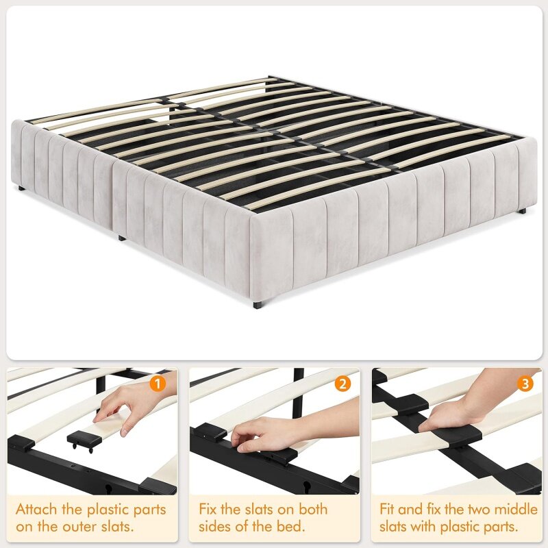 Yaheetech Queen Bed Frame Gestoffeerd Platform Bed Met 4 Opbergladen, Grote Opbergruimte/Sterke Houten Latten/Antislip En