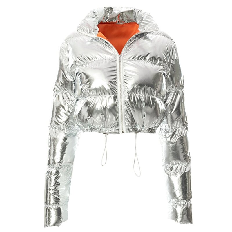 Damen-Puffer aus glänzendem Spiegel-Kunstleder für Jacke, langärmelig, mit Reißverschluss, Stehkragen, abgeschnittener, Mantel,