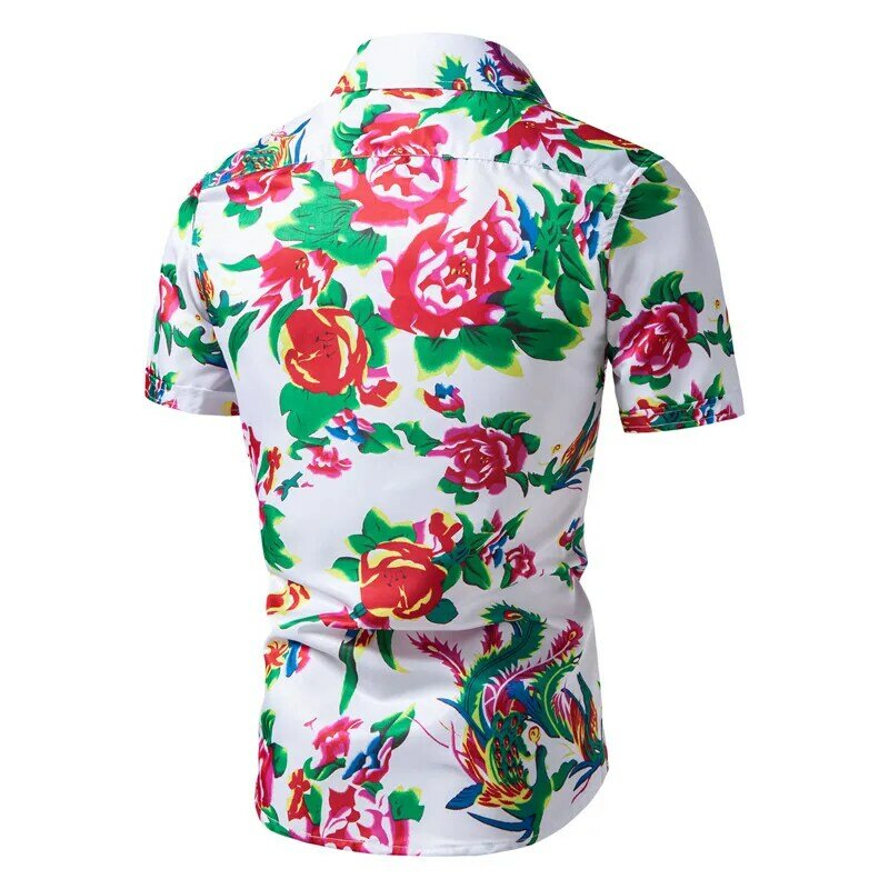White Men Short-sleeved Printed Shirt Square Collar Single-breasted Shirts Fashion Casual Tops Red Green Can Be Selected Camisa
