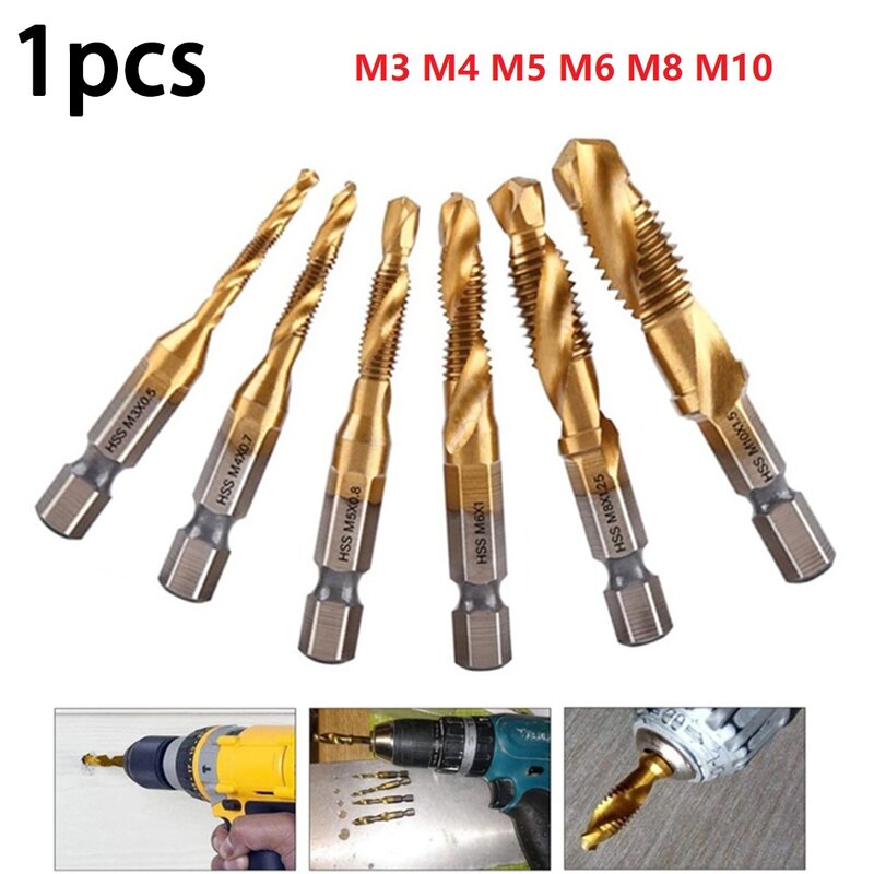 1pcs Titanium Plated Tap Drill Bit Hex Shank Threaded  Machine Compound Tap M3-M10 For Hand Drill Bench Drill Tool Parts