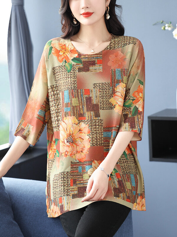 Print Hollow Knitted T Shirt Women 2024 Summer Clothes For Women Pullovers Tees Top Y2K Luźna koszulka damska