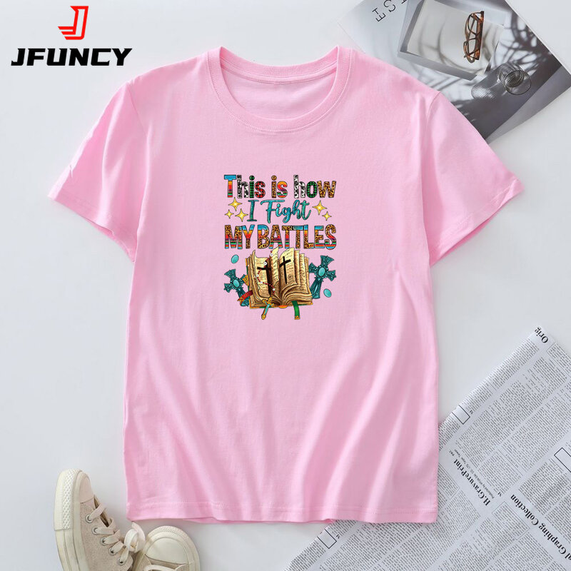 JFUNCY-camiseta extragrande feminina, camiseta de manga curta, roupas femininas, camiseta gráfica Jesus Faith, camisas da moda, 2024