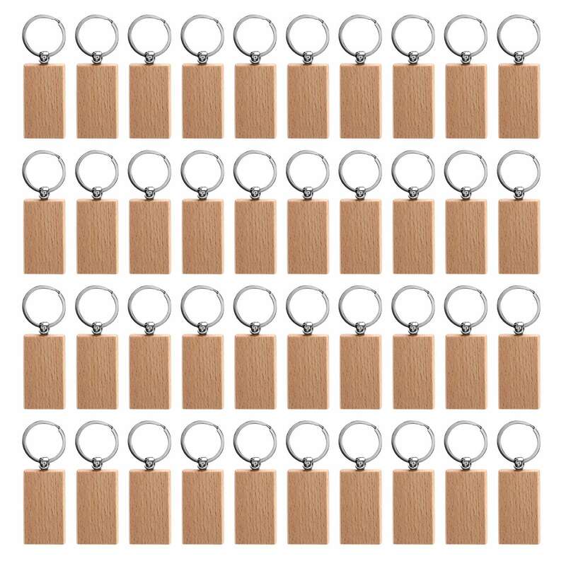 40 buah gantungan kunci kayu persegi panjang kosong Swakarya gantungan kunci kayu tag kunci dapat mengukir hadiah Diy