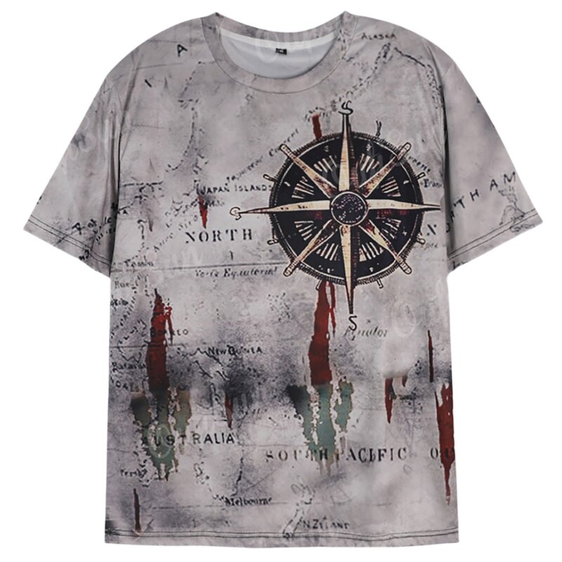 Herren Vintage Seekarte Kompass druck T-Shirt Sommer täglich lose Kurzarm männliche Tops lässige T-Shirts Unisex Kleidung Kleidung