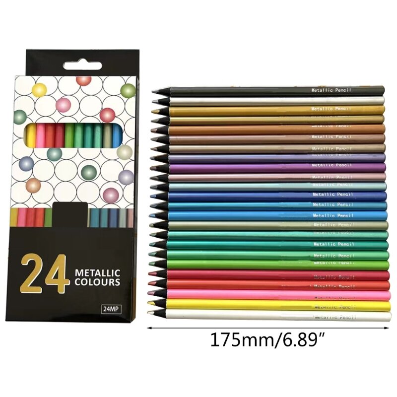 J6PA 24 모듬 컬러 메탈릭 색연필, 검정색 나무 드로잉 스케치 연필