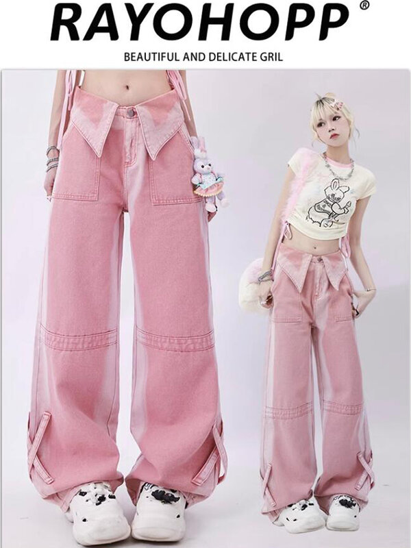 Jeans y2k Dopamin Outfit Damen trend ige Marke Revers Design heißes Mädchen gerades Bein weites Bein Hosen Rayohopp Jeans