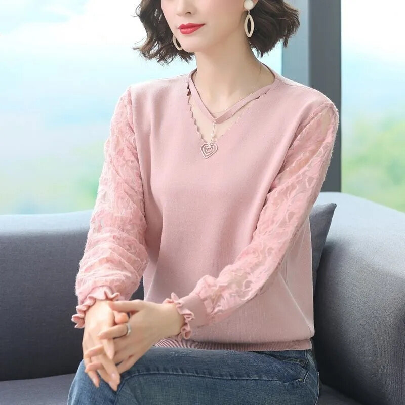 Spring Summer Thin Lace Splicing Knitting Sweater Women Pullovers Female Solid Color V-neck Knitting Tops