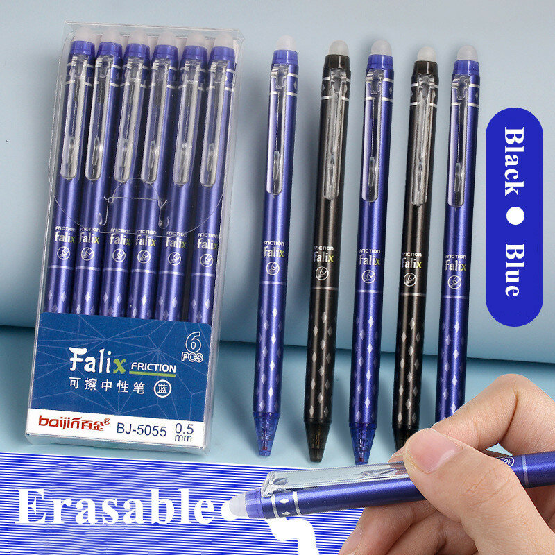 Juego de bolígrafos de Gel borrables a presión con recargas, 0,5mm, tinta de Gel negra y azul, borrador incorporado, suministros de oficina, Kit de papelería para examen