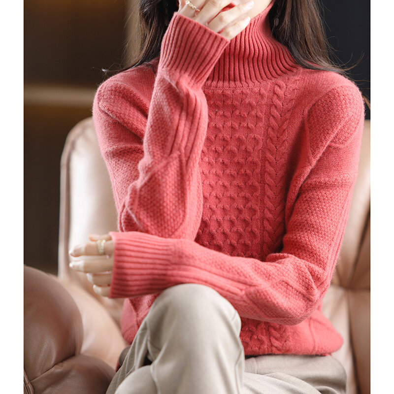 Suéter de cachemira de lana 2023 para mujer, Jersey de punto de cuello alto, chaqueta superior holgada de moda coreana, otoño e invierno, 100%