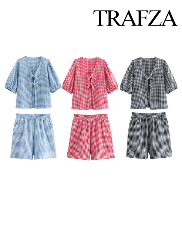 TRAFZA Women 2 Piece Set Plaid Print Short Sleeves Bow Lace Up Hollow V-Neck Blouse Shirt+Elegant Pockets Elastic Waist Shorts