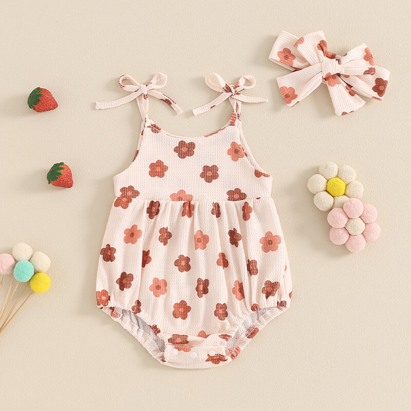 2024-04-02 lioraitiin 0-18M Cute Newborn Baby Girl Summer Bodysuit Floral/Strawberry Print Sleeveless Tie Strap Playsuit