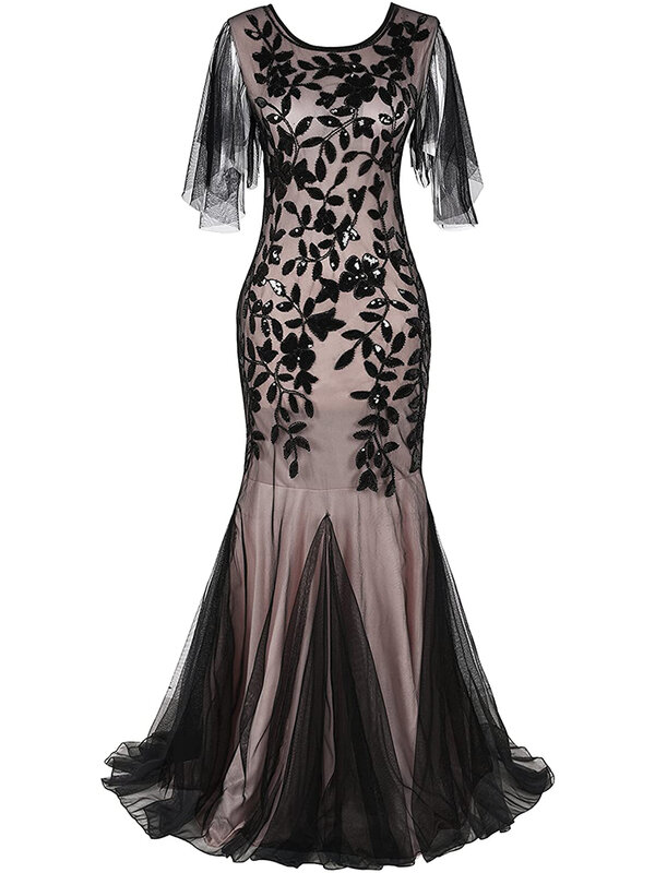 Oansatz Kurz-Hülse Tüll Sticken Abendkleid Elegante Meerjungfrau Vintage 1920s Party Kleid Great Gatsby Pailletten Kleid Lange