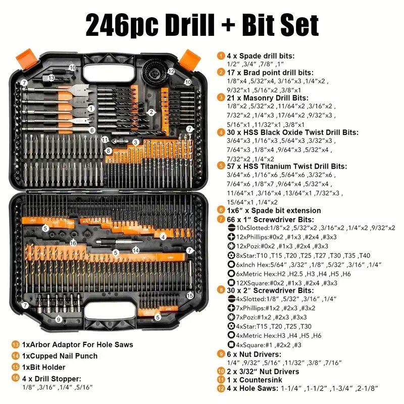 246pcs Drill Bit Set With Storage Box HSS Twist Drill Bit Titanium Coated Wood Metal Drill Bits For Cutting Drilling Polishing