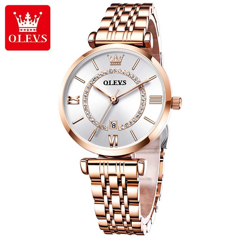 OLEVS นาฬิกาข้อมือนาฬิกาแบรนด์ควอตซ์นาฬิกาผู้หญิงสแตนเลสนาฬิกาข้อมือแฟชั่นกันน้ำ LADIES นาฬิกาข้อมือ