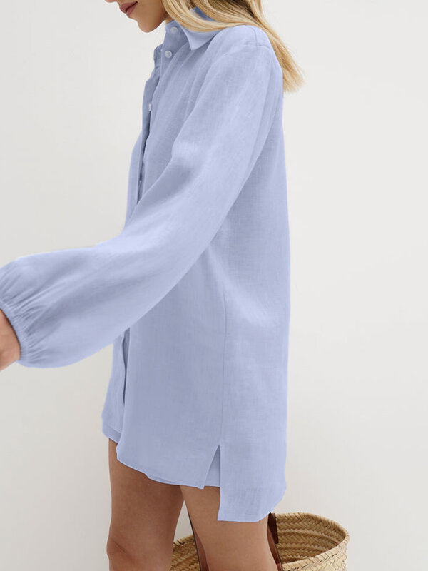 Marthaqiqi Set di indumenti da notte da donna blu pigiama con colletto rovesciato camicie da notte a maniche lunghe pantaloncini da notte da donna in cotone Casual