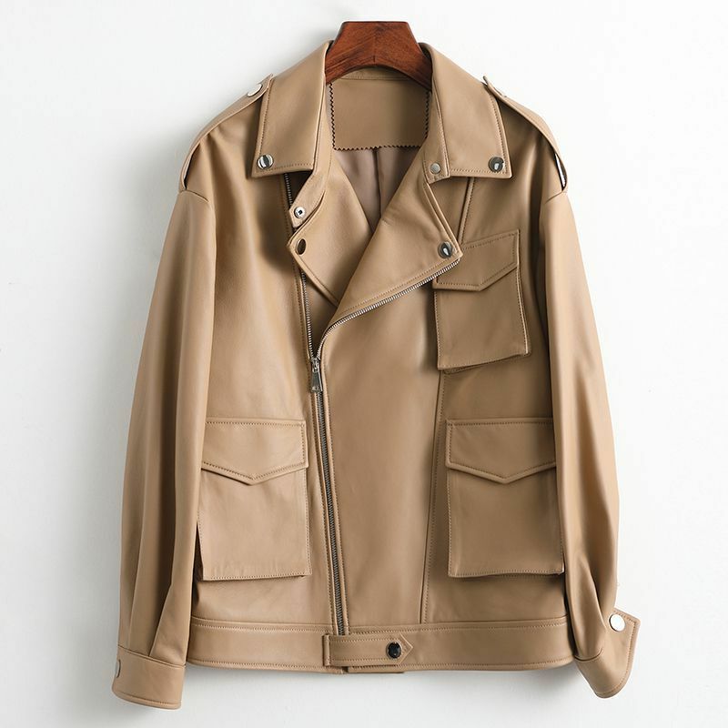 Primavera e autunno nuova giacca di montone moda cappotto in vera pelle cappotto di media lunghezza donna
