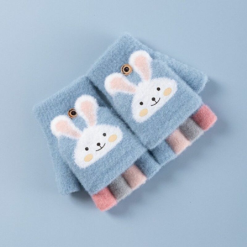 Half Finger Flip Gloves Kids Fingerless Gloves Knitted Gloves Rabbit Pattern Kids Plush Gloves Cartoon Design Cold Protection