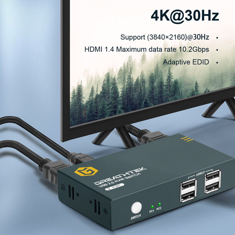 KVM Switch USB 2,0 para ordenador portátil, conmutador periférico para compartir 2 dispositivos USB, teclado 4K @ 30Hz, 10,2 GPS