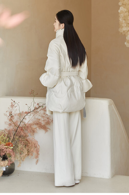 女性のためのレトロな中国のスタイルのダウンジャケット,バックル,90の白いアヒル,厚い,ルーズフィット,冬