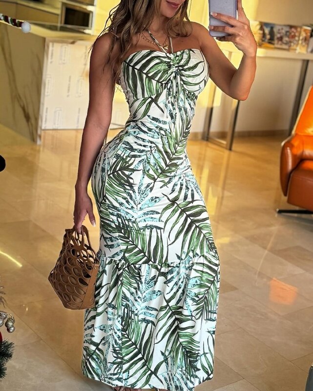Элегантное женское платье с тропическим принтом листьев и вырезом на спине, сексуальное облегающее длинное платье, Новинка лета 2024, повседневная женская одежда