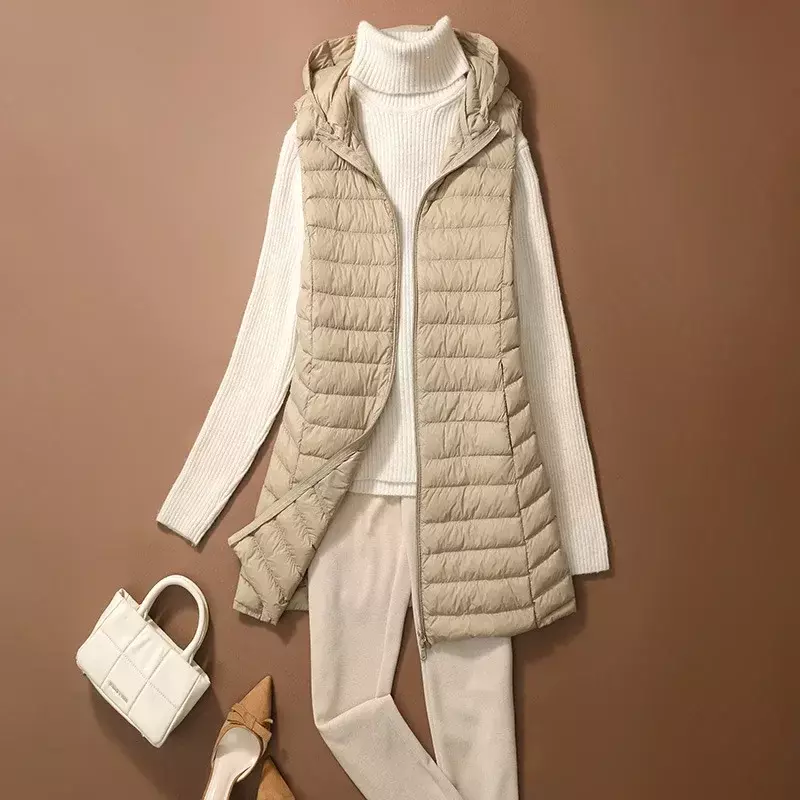 Giacche senza maniche con cappuccio X-long autunno/inverno da donna 2023 nuovo piumino d'anatra bianco femminile Slim Fit Office Lady Warm Vest Coat