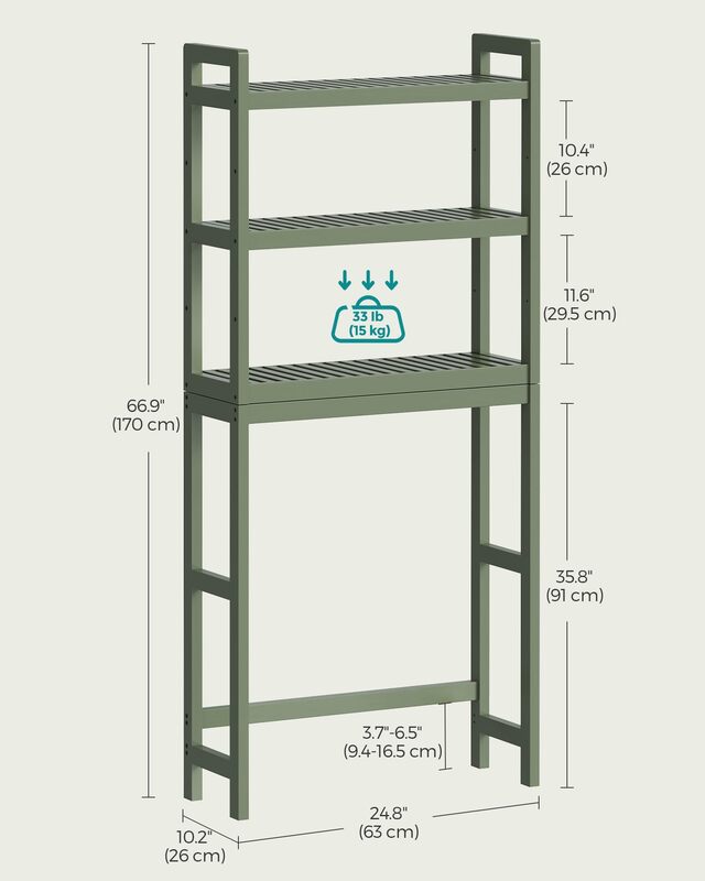 Almacenamiento sobre el inodoro, organizador de baño de bambú sobre el inodoro de 3 niveles con estante ajustable, se adapta a la mayoría de los inodoros, verde bosque
