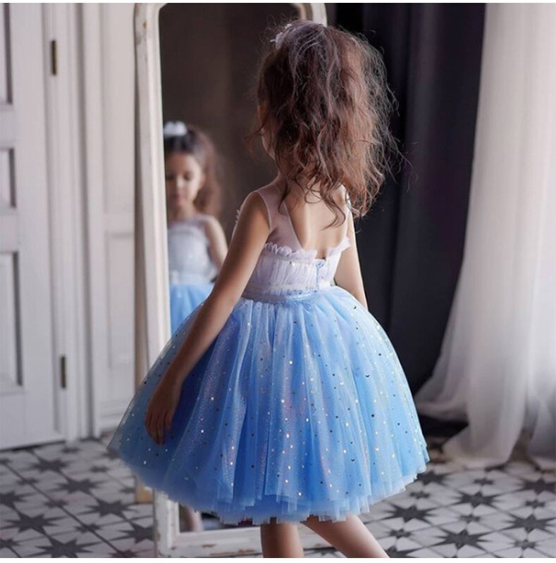 Nowa dziewczyna księżniczka bez rękawów z gazy z rozkloszowana sukienka gradientu niebieska gwiazda sukienka na występy tutu