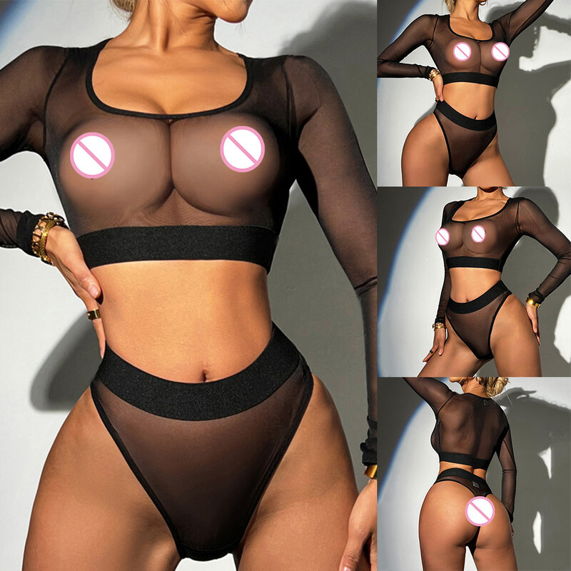 Conjunto de lingerie sexy feminino, top de manga comprida, cuecas de cintura alta com costas em T, roupa íntima em malha, roupas eróticas apertadas, ver através, ver através