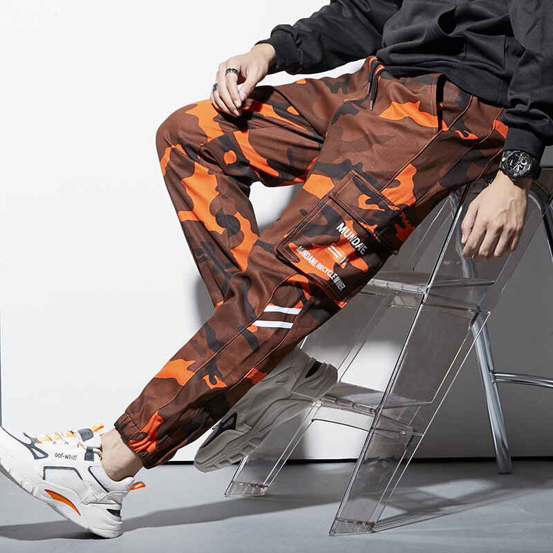 Spring And Autumn New Men's Fashion Work Pants Loose Cotton Camouflage Nine-Minute Pants Large Pockets Drawstring Sports Pants
