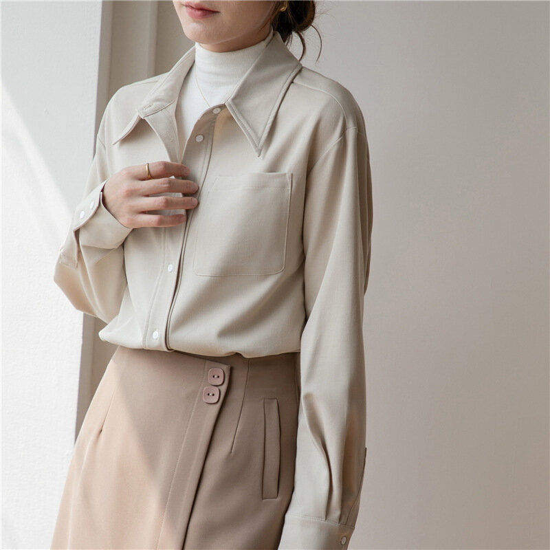 Camisa casual de algodão escovado manga longa para mulheres, tops brancos, roupas femininas, blusa nova, primavera e outono, N06, 2024